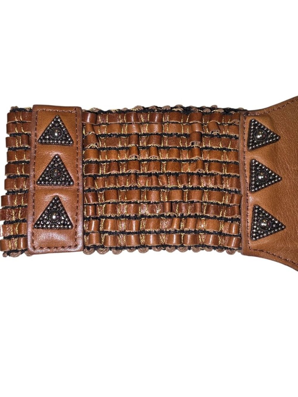 Woven Brown Faux Leather Wide Waist Belt Studded Snap Women Boho Fairy READ - Picture 3 of 8